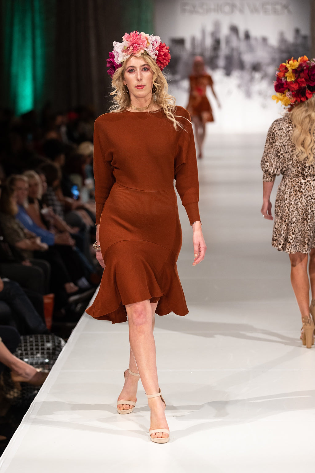 Kat Dolman Sleeve Flounce Ruffle Midi Dress-Copper
