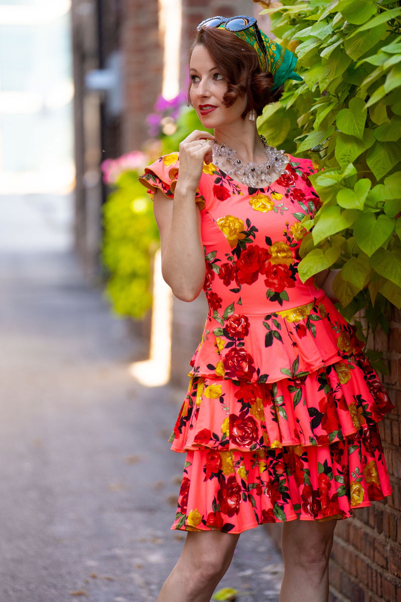 Molly Ruffle Dress-Coral Floral- Made-to-Order